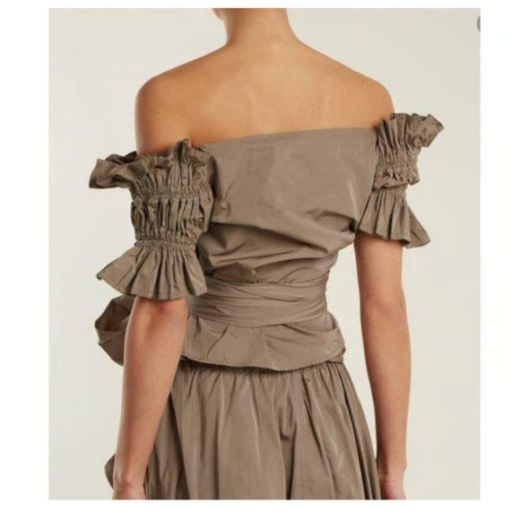 JONATHAN SIMKHAI  Taffeta Ruffle Wrap Tie Off Shoulder Cap Sleeves Crop Top - Picture 3 of 7